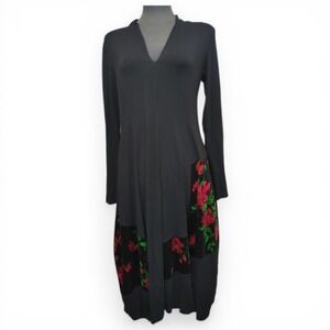 Alembika Black Jersey Cocoon Dress Velvet Roses V-Neck L/S Pullover US 4/6 (0)
